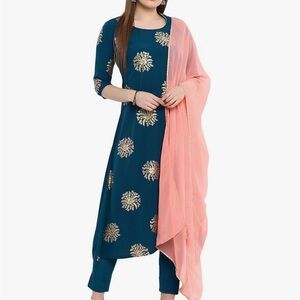 Elegant Blue Wedding Guest Kurta with Peach Dupatta